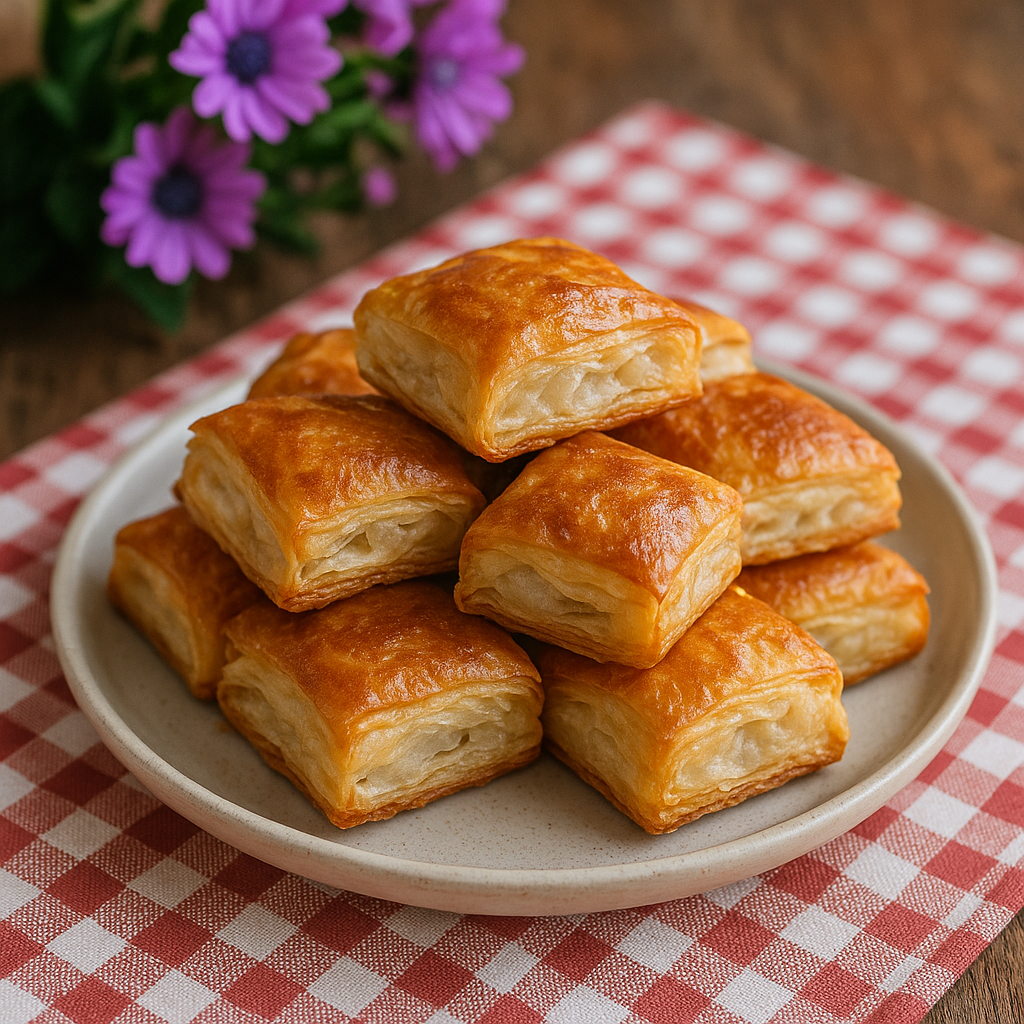 Altın kahverengi çıtır börek tabakta.
