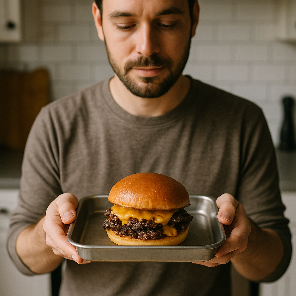 Mutfağın ortasında kap tutan kişi ile burger yapımı