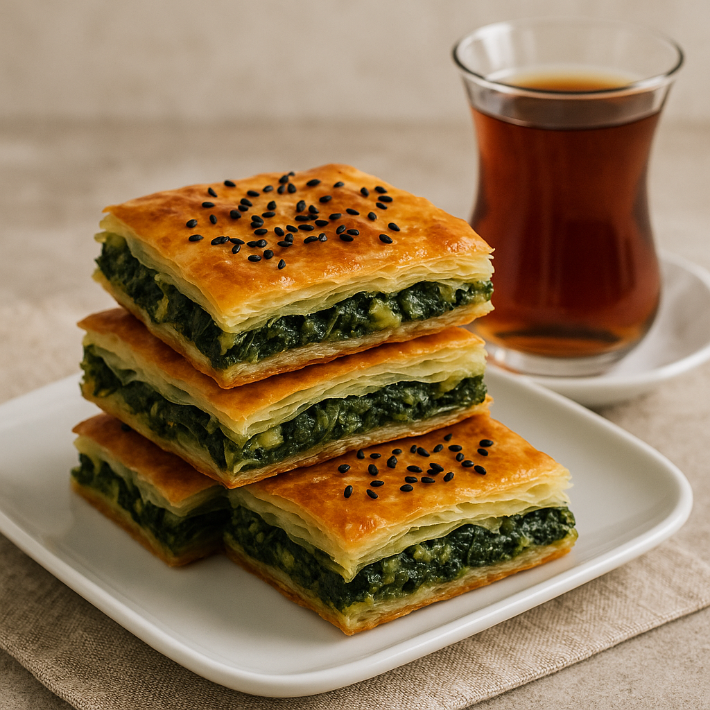 Ispanaklı Börek kare dilimlenmiş halde tabakta